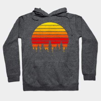 Charcoal hoodie with retro sunset and tree design, perfect for casual wear. Soft, durable material for comfort.