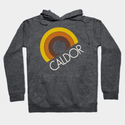 Gray hoodie with retro rainbow design and "Caldor" text, casual style, soft material, perfect for everyday wear.