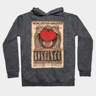 Charcoal gray hoodie with vintage concert poster design, featuring red and beige artwork, cotton blend, casual wear.