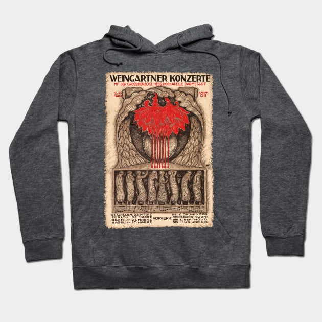 Charcoal gray hoodie with vintage concert poster design, featuring red and beige artwork, cotton blend, casual wear.