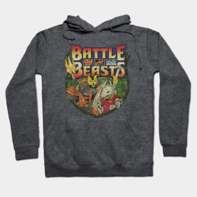 Charcoal gray hoodie with vintage "Battle Beasts" graphic, ideal for casual wear, comfortable cotton blend material.