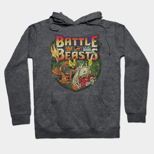 Charcoal gray hoodie with vintage "Battle Beasts" graphic, ideal for casual wear, comfortable cotton blend material.