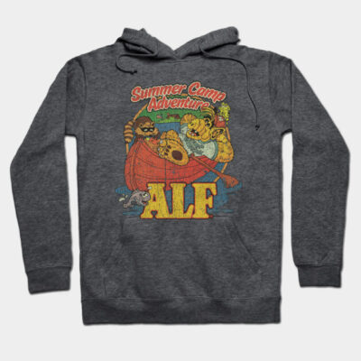 Charcoal gray hoodie with retro "Summer Camp Adventure" ALF graphic, cozy cotton blend, unisex casual wear.