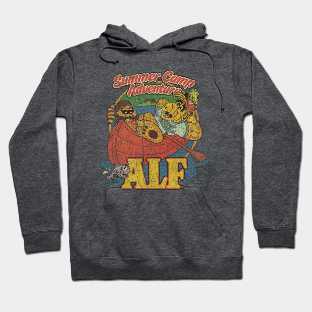 Charcoal gray hoodie with retro "Summer Camp Adventure" ALF graphic, cozy cotton blend, unisex casual wear.