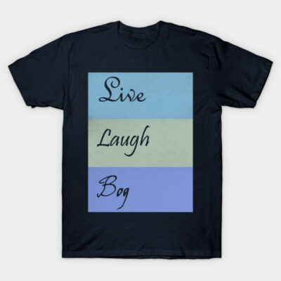 Navy blue unisex t-shirt with "Live Laugh Bog" text design in blue, green, and purple stripes, casual wear.