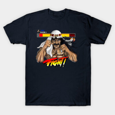 Black graphic t-shirt featuring a retro video game fighter design, ideal for casual wear and gaming enthusiasts.