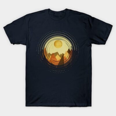 Navy blue t-shirt with abstract mountain and sun design, casual style, 100% cotton, suitable for everyday wear.