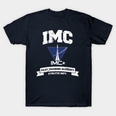 Navy blue IMC Pilot Training Academy T-shirt, graphic print, casual style, cotton fabric, unisex design.
