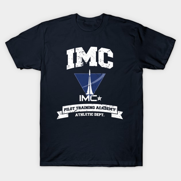 Navy blue IMC Pilot Training Academy T-shirt, graphic print, casual style, cotton fabric, unisex design.