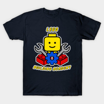 Navy blue t-shirt with colorful LEGO-themed graphic design, ideal for casual wear and LEGO enthusiasts.