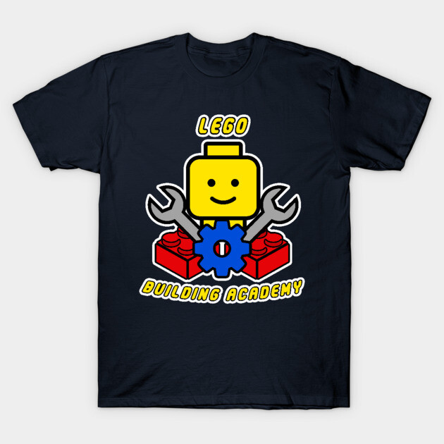 Lego Bulding Academy T-Shirt 1 Navy blue t-shirt with colorful LEGO-themed graphic design, ideal for casual wear and LEGO enthusiasts.