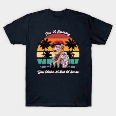 Navy blue t-shirt with sunset and palm tree graphic, featuring text "For A Dummy, You Make A Lot Of Sense," casual style.