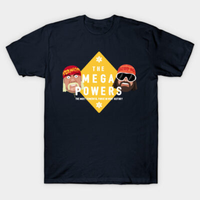 Navy blue graphic T-shirt featuring "The Mega Powers" design with bold text and retro style print.