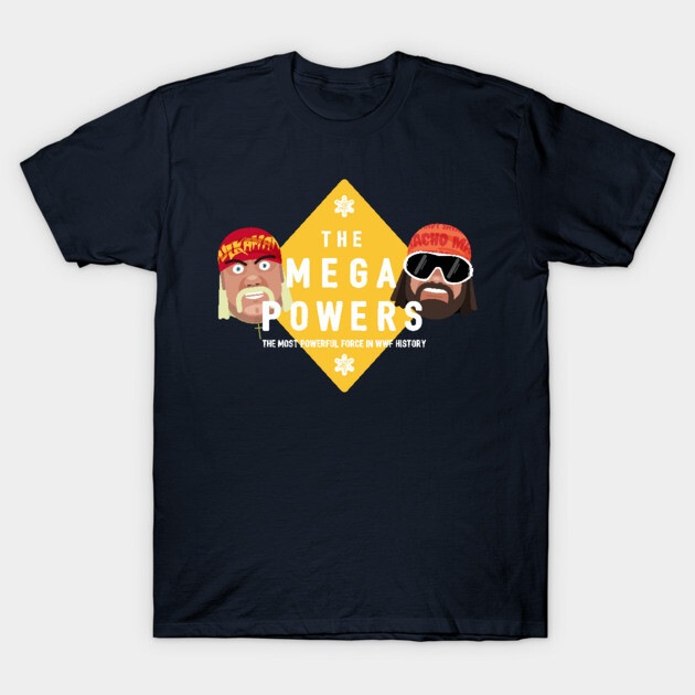 Navy blue graphic T-shirt featuring "The Mega Powers" design with bold text and retro style print.