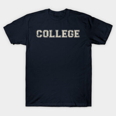 Navy blue unisex t-shirt with "COLLEGE" text in varsity style, casual wear, cotton material, perfect for everyday use.
