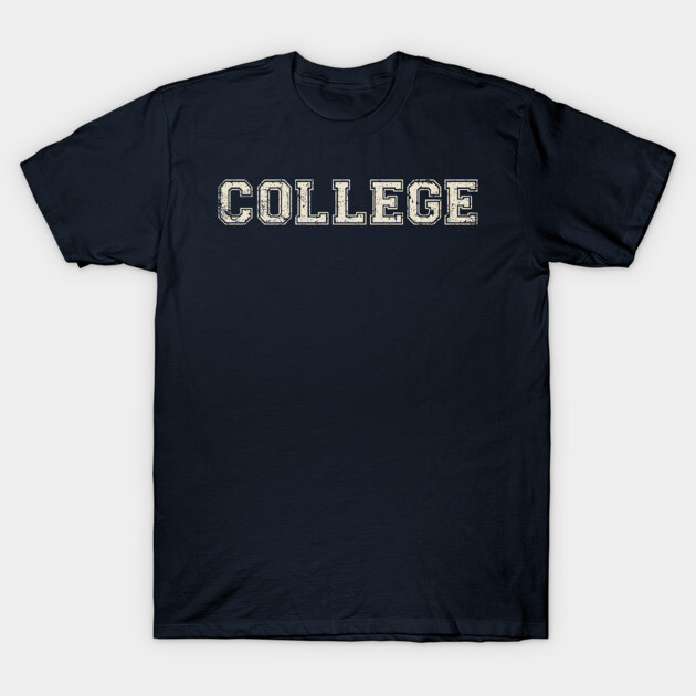 Navy blue unisex t-shirt with "COLLEGE" text in varsity style, casual wear, cotton material, perfect for everyday use.