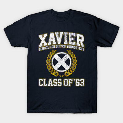 Navy blue graphic t-shirt with "Xavier School for Gifted Youngsters Class of '63" text in vintage style.