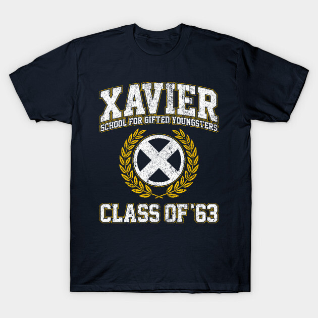 Navy blue graphic t-shirt with "Xavier School for Gifted Youngsters Class of '63" text in vintage style.