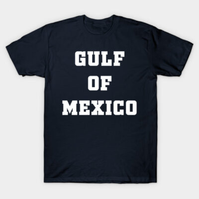 Navy blue T-shirt with bold white "Gulf of Mexico" text, casual style, soft cotton fabric, unisex design.