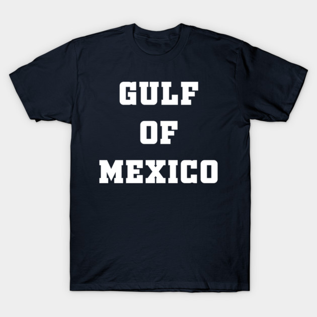 Navy blue T-shirt with bold white "Gulf of Mexico" text, casual style, soft cotton fabric, unisex design.