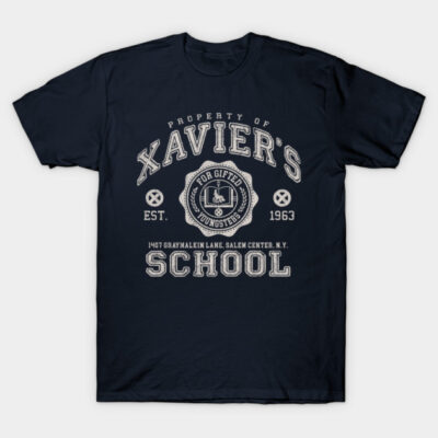 Navy blue graphic tee with vintage-style "Xavier's School" print, cotton material, casual wear.