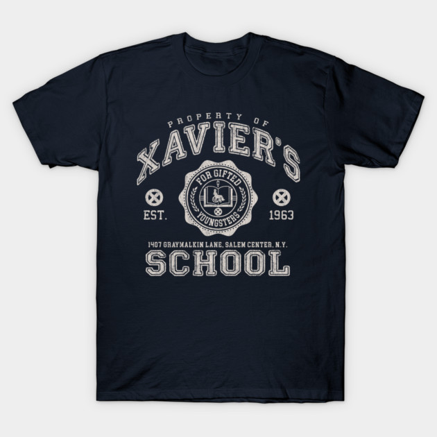 Navy blue graphic tee with vintage-style "Xavier's School" print, cotton material, casual wear.