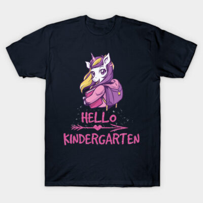 "Kids navy t-shirt with unicorn graphic and 'Hello Kindergarten' text, fun design for school start, cotton material."