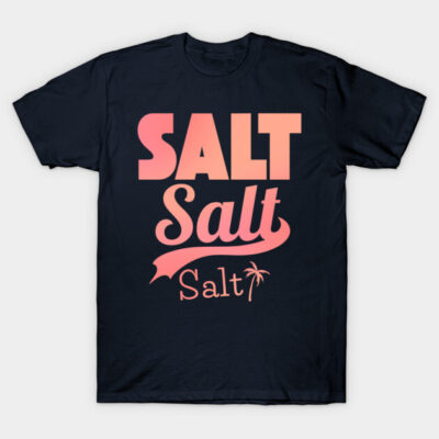 Navy blue t-shirt with "Salt" in pink gradient text, casual wear, soft cotton material, unisex design.