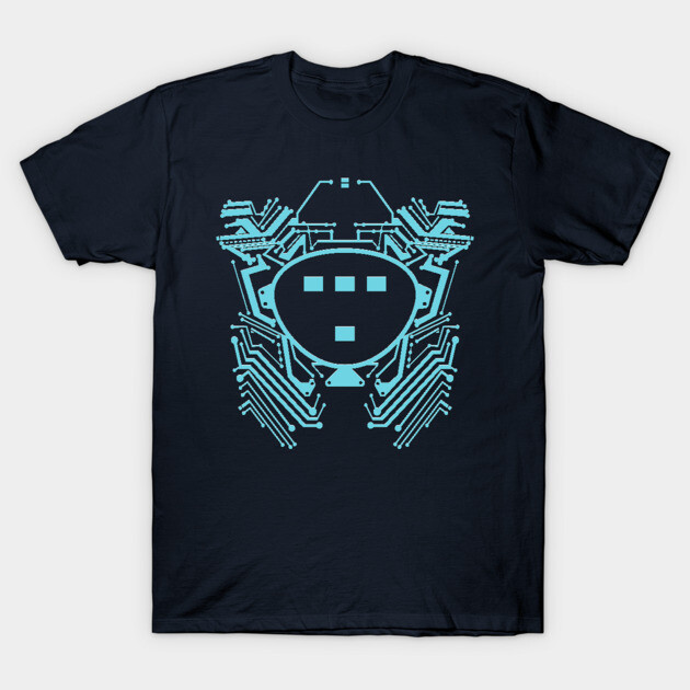 Navy blue t-shirt with futuristic light blue circuit design, casual style, soft cotton fabric, perfect for tech enthusiasts.