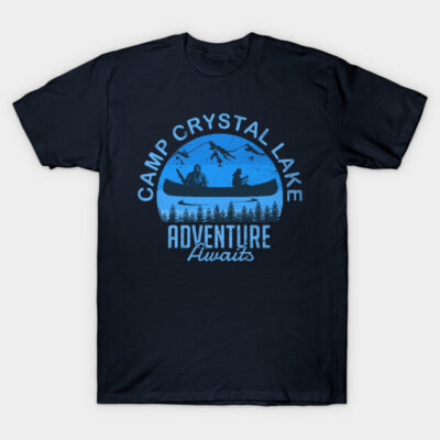 Navy blue Camp Crystal Lake t-shirt with canoe graphic, adventure theme, casual style, 100% cotton.