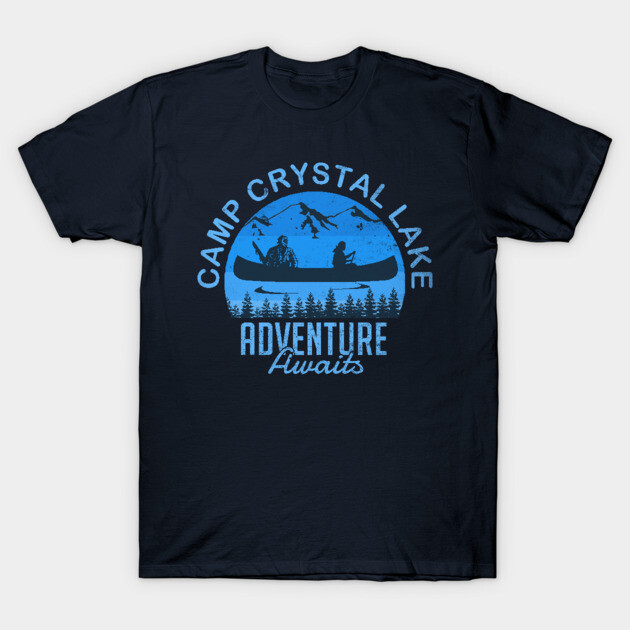 Navy blue Camp Crystal Lake t-shirt with canoe graphic, adventure theme, casual style, 100% cotton.