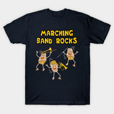 Navy blue t-shirt with "Marching Band Rocks" text and cartoon instrument players, casual wear for music enthusiasts.
