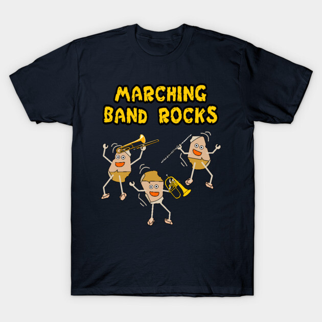 Navy blue t-shirt with "Marching Band Rocks" text and cartoon instrument players, casual wear for music enthusiasts.