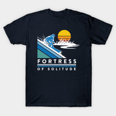 Navy blue "Fortress of Solitude" t-shirt with retro skiing graphic, ideal for casual wear, 100% cotton.