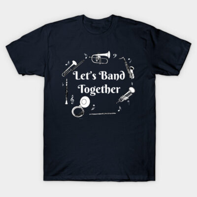 Navy blue t-shirt with "Let's Band Together" slogan and musical instrument graphics, perfect for music lovers.