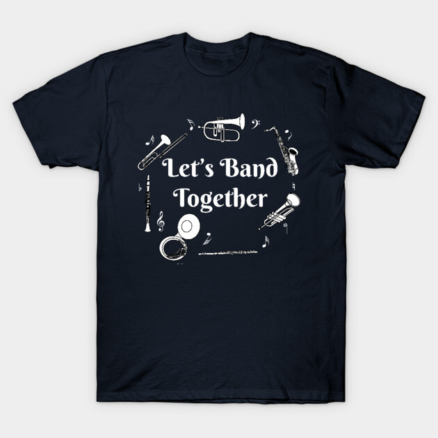 Navy blue t-shirt with "Let's Band Together" slogan and musical instrument graphics, perfect for music lovers.