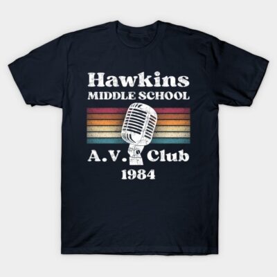"Retro navy t-shirt with vintage microphone design, Hawkins Middle School A.V. Club 1984 print, cotton casual wear"