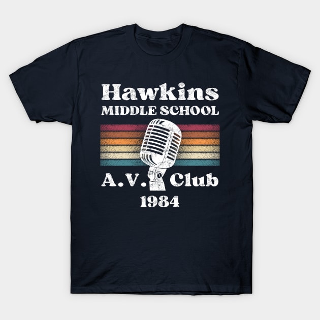 "Retro navy t-shirt with vintage microphone design, Hawkins Middle School A.V. Club 1984 print, cotton casual wear"