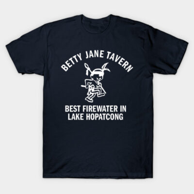 Navy blue t-shirt with "Betty Jane Tavern" and graphic design, casual style, cotton material, ideal for everyday wear.