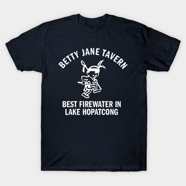 Navy blue t-shirt with "Betty Jane Tavern" and graphic design, casual style, cotton material, ideal for everyday wear.