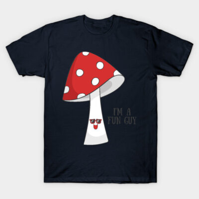 Navy blue t-shirt with fun mushroom graphic and "I'm A Fun Guy" text, casual wear, comfortable cotton fabric.