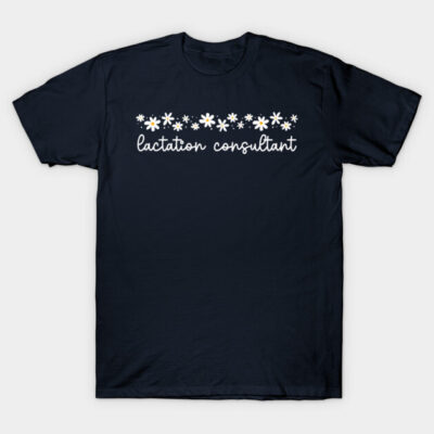 Navy blue t-shirt with "lactation consultant" text and daisy design, cotton material, casual style.