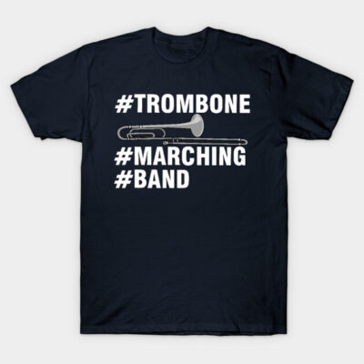 Navy blue t-shirt with white text and trombone graphic, ideal for marching band enthusiasts, 100% cotton.