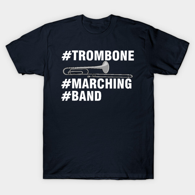 Navy blue t-shirt with white text and trombone graphic, ideal for marching band enthusiasts, 100% cotton.