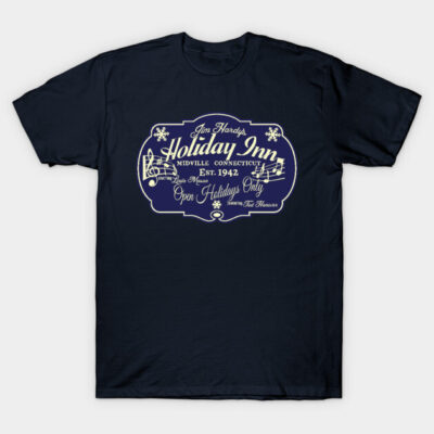 Navy blue Holiday Inn graphic T-shirt, vintage style, cotton material, casual wear.