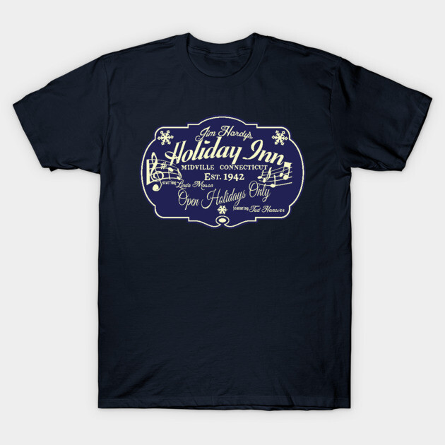 Navy blue Holiday Inn graphic T-shirt, vintage style, cotton material, casual wear.