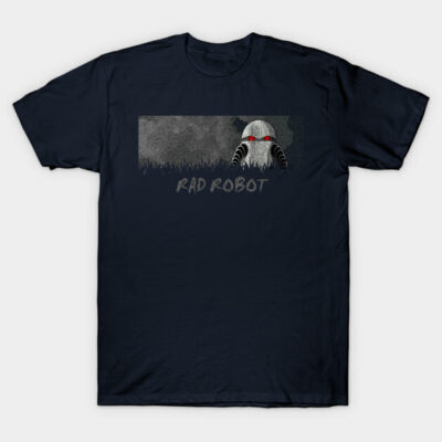 Navy blue t-shirt featuring a "Rad Robot" graphic design with a futuristic robot illustration, perfect for casual wear.