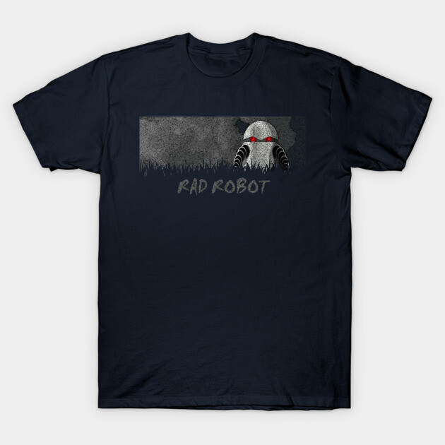 Navy blue t-shirt featuring a "Rad Robot" graphic design with a futuristic robot illustration, perfect for casual wear.