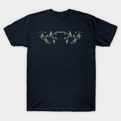 Navy blue t-shirt with green bird branch design, casual style, 100% cotton, perfect for everyday wear.