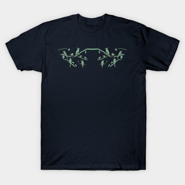 Navy blue t-shirt with green bird branch design, casual style, 100% cotton, perfect for everyday wear.